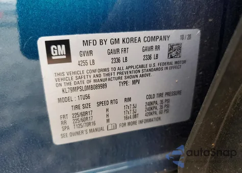 2021 Chevrolet Trailblazer Lt z USA, uszkodzony, nr VIN KL79MPSL0MB089989